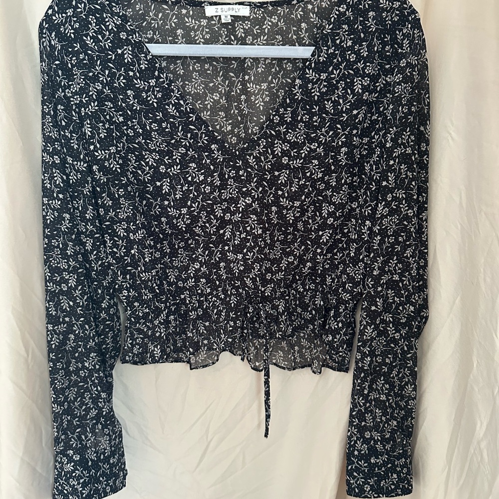 Sheet Blue and White Tie Front Crop Blouse